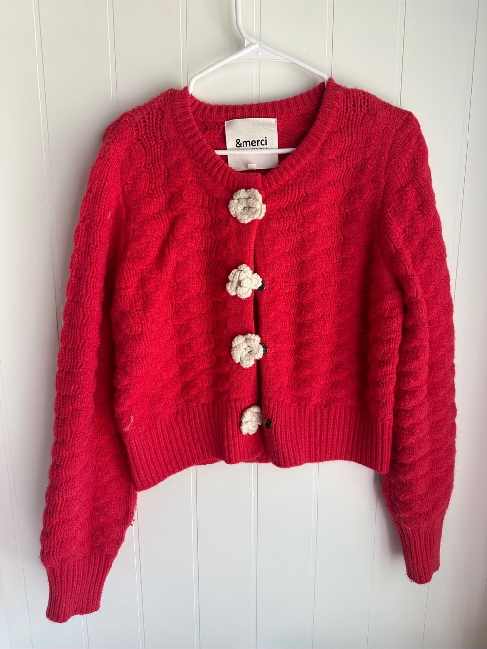 &merci Red Cable-Knit Cardigan with Cream Floral Buttons